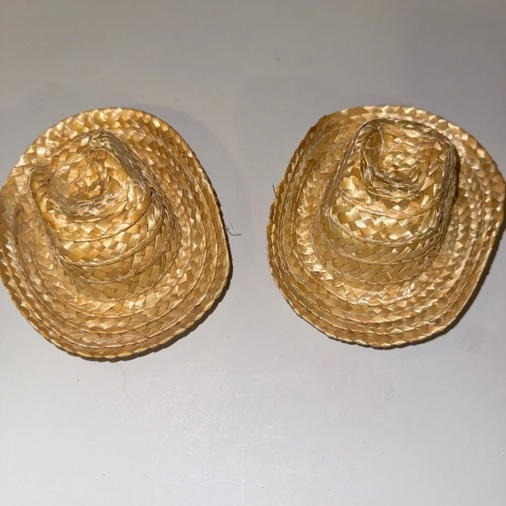 Miniature Straw Cowboy Hat Set of 2 Tan Western Doll Pet Accessory 5.25 Inch